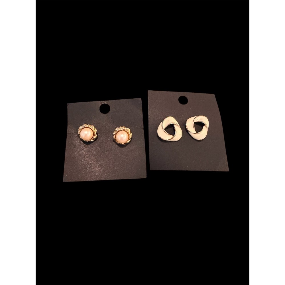 Vintage Style Stud Earring Set 2 Pairs Gold Tone Faux Pearl & Cream Enamel Knot